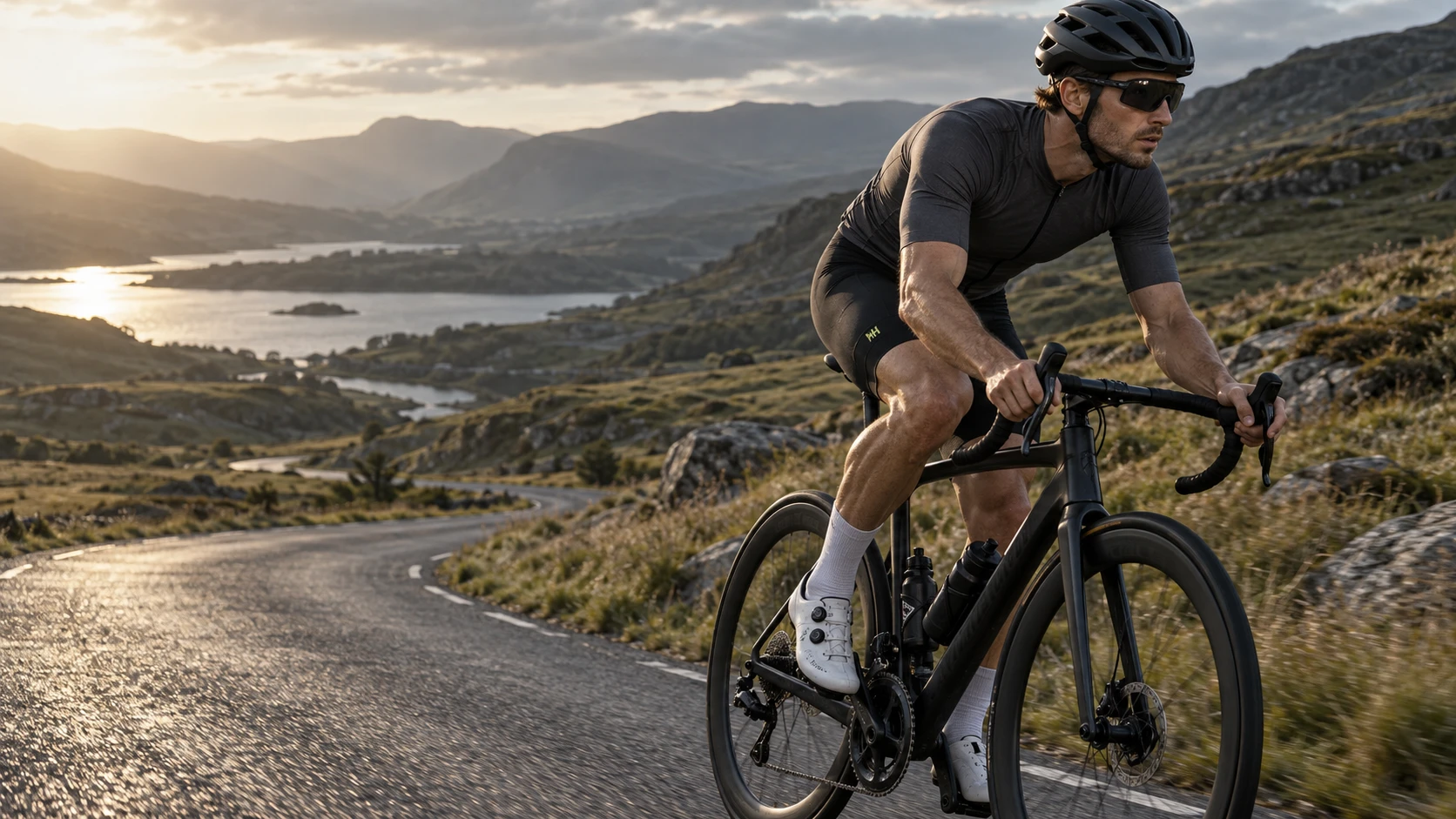 Cyclist wearing MYRAGEHAUS black bib shorts on an open road